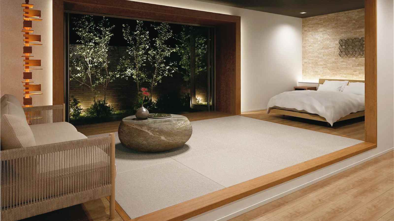 床材：畳 ここち和座 置き敷きタイプ 彩園 煌 〈14 灰桜色〉　床材：トリニティ 〈バーチ柄（グレー）〉