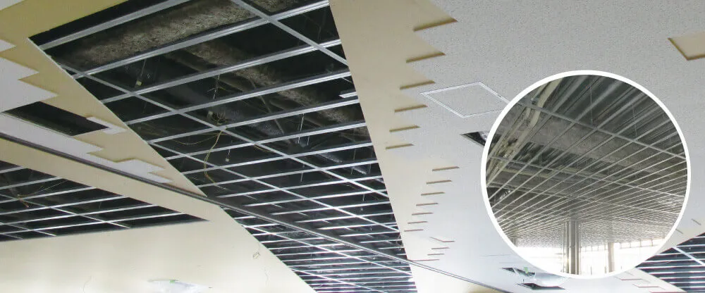 ダイケンハイブリッド天井とはオリジナル形状の軽天材を同一面内で格子状に組上げた天井下地に、捨張り材や仕上材を直接施工する耐震天井です。