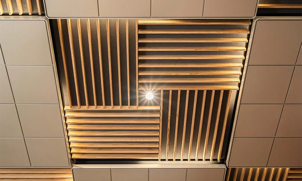 武蔵野市庁舎 市民ホール : 天井造作材：グラビオルーバーUS 直付式〈多摩産杉〉