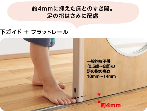 約4mmに抑えた床とのすき間。足の指はさみに配慮 下ガイド + フラットレール