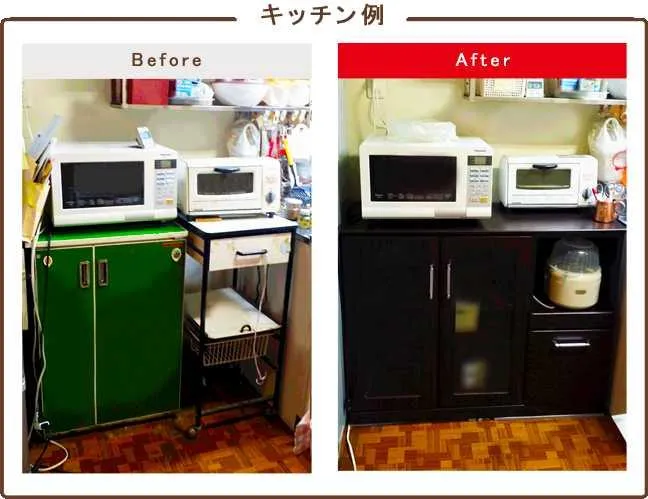 キッチンのシンクの高さに合わせた棚を設置する前と設置後の画像