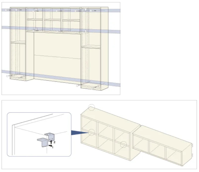 大建工業「MiSEL（ミセル）」のリビング収納・テレビ収納の転倒防止の説明図。説明画像は上下に2枚あり、上の画像は戸棚・ラック・シェルフをピクチャーレールのような梁に家具を固定することで転倒を防ぐ仕様の図。下の画像は、 ユニットシェルフ・ラック・シェルフ同士を連結することで安定性をましている仕様の図。大建工業のMiSEL tv/cmtv/av interior homestyle  furniture の解説