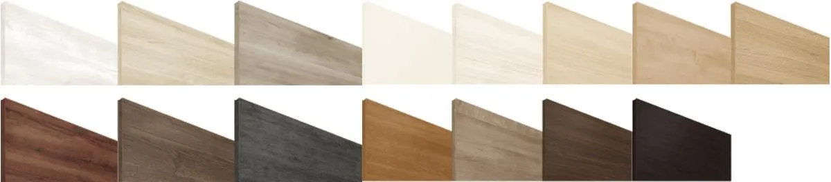 大建工業「MiSEL（ミセル）」の壁面収納のカラーバリエーションを説明した画像。ウォールシェルフの板や扉に使われる材質のカラーバリエーションが並んでいる。ガラスのような光沢の鏡面素材、ダークなカラー、天然の木目調の材質など、インテリアの雰囲気に合わせてコーディネイト可能。リアルウォールナットのようなダークな質感の板、マガジンシェルフに最適なブラウンカラー、 オーク、ヴィンテージ、アンティーク、インダストリアル、北欧、ナチュラルテイストなど、様々なインテリア空間に対応できる。