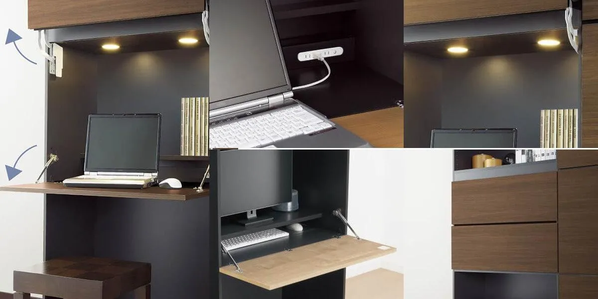 大建工業「MiSEL(ミセル)」の収納壁面デスク・机の工夫を解説した画像。画像例は格納デスクタイプ(奥行き300・450mm用)狭い寝室や部屋での圧迫を抑えたスリムなデスク・机のユニット。オプションパーツを組み合わせることで便利に利用できます。一人暮らしの部屋のような限られたスペースを有効活用したい方にもおすすめ。
