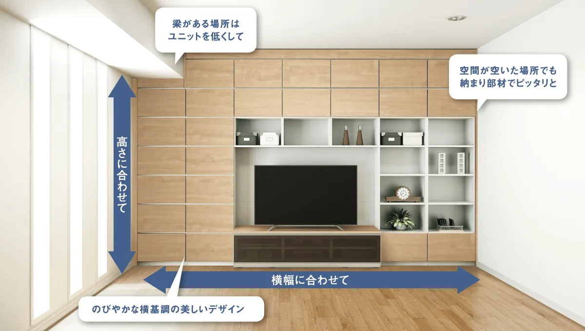 大建工業のオーダーテレビ壁面収納「MiSEL(ミセル)」ならリビングの壁面リフォーム・改築のデザイン・サイズ・設計にあわせて特注オーダー、内装の工事ができることを説明している画像。白いウォールのモダンな室内に、飾り棚や天ぶくろが一体になった框のようなシェルフのハイタイプのオーダーテレビ壁面収納が、天井まで続いている。扉は無垢の木目のようなナチュラルな色合い。大建工業のorder mansion wall reformを解説