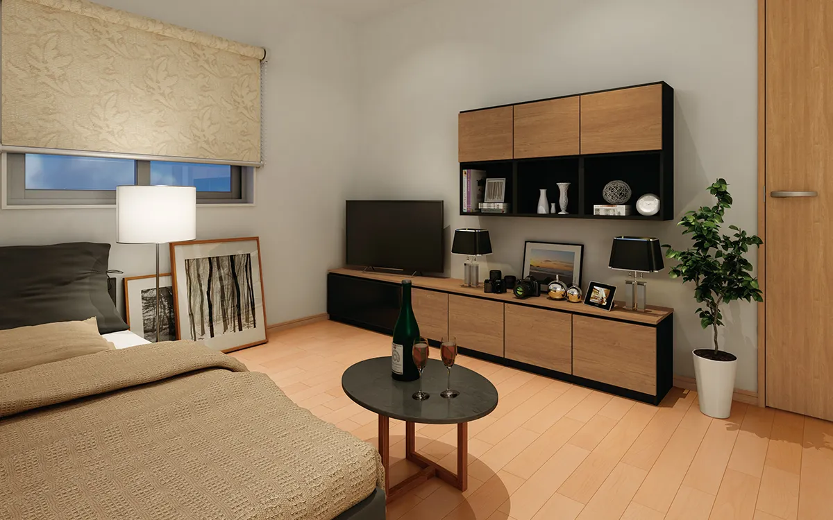 おすすめ寝室壁面収納プラン2：テレビ台＋飾り棚の壁面収納