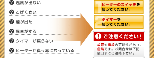 温風が出ない・こげくさい・煙が出た・異音がする・タイマーが戻らない・ヒーターが真っ赤になっているという症状が見られる場合はご注意ください!故障や事故の可能性があり、危険です。 (1)ヒーターのスイッチを切ってください(2)タイマーを切ってください お問合せは下記窓口までご連絡下さい。