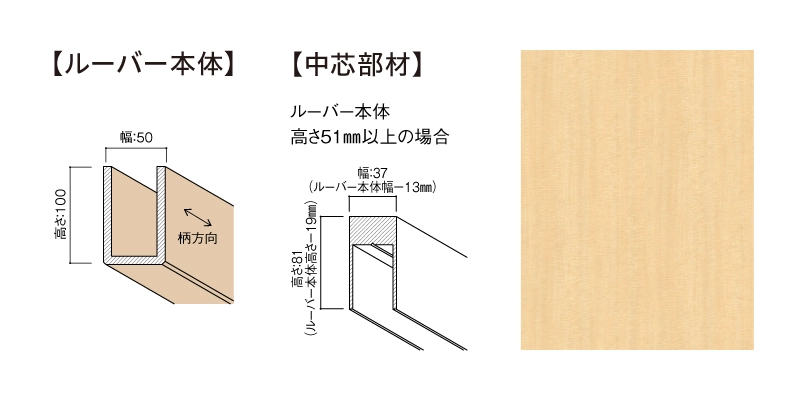 グラビオルーバーＵＢ　直付式（天井・壁施工）本体＋中芯部材（幅×高さ×長さ：５０ｍｍ×１００ｍｍ×２７３０ｍｍ）〈ＵＢ７２（栃柄）〉