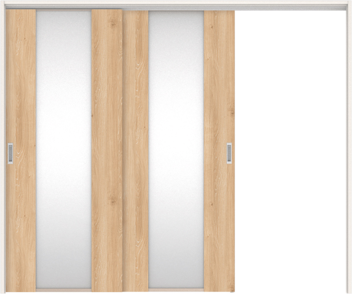 リビングドア　ハピアトレンドウッド調　吊戸・２枚片引　扉セット　４Ｐデザイン　２４３２幅用　２０００高　〈ミルキーオーカー〉　右引用　空錠　ラクラクローズ付用