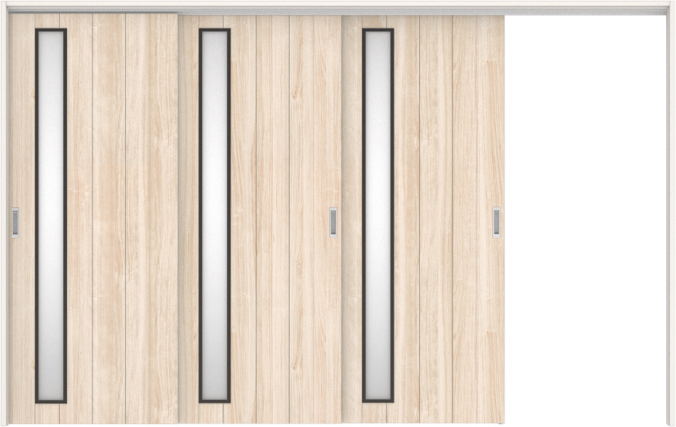 リビングドア　ハピアトレンドウッド調　吊戸・３枚片引　扉セット　Ｅ７デザイン　３２１９幅用　２０００高　〈コットンベージュ〉　右引用　空錠　ラクラクローズ付用