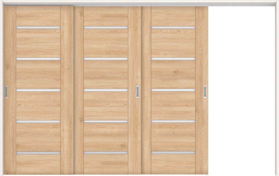 リビングドア　ハピアトレンドウッド調　吊戸・３枚片引　扉セット　Ｅ９デザイン　３２１９幅用　２０００高　〈ミルキーオーカー〉　左引用　空錠　ラクラクローズ付用