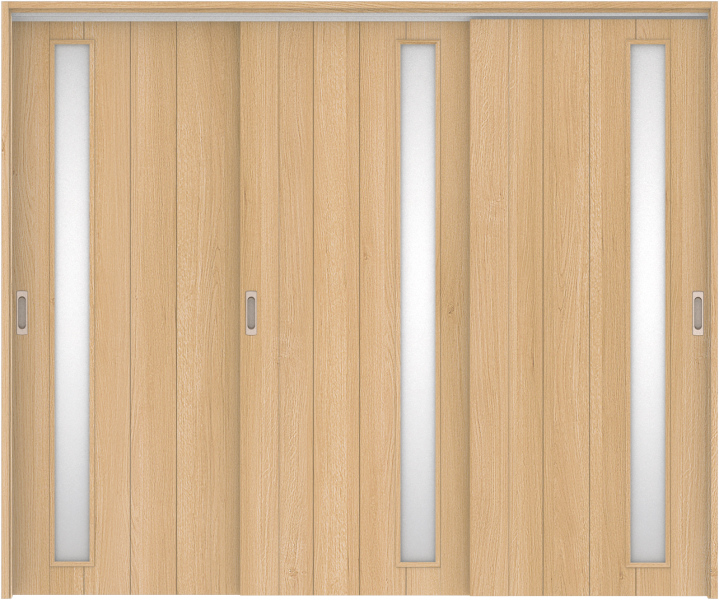 リビングドア　ハピア　吊戸・３枚引違　セット　Ｅ７デザイン　２４３２幅用　２０００高　〈ライトオーカー〉　左右兼用　空錠　ラクラクローズ付　固定枠１５４　レール〈シルバー〉