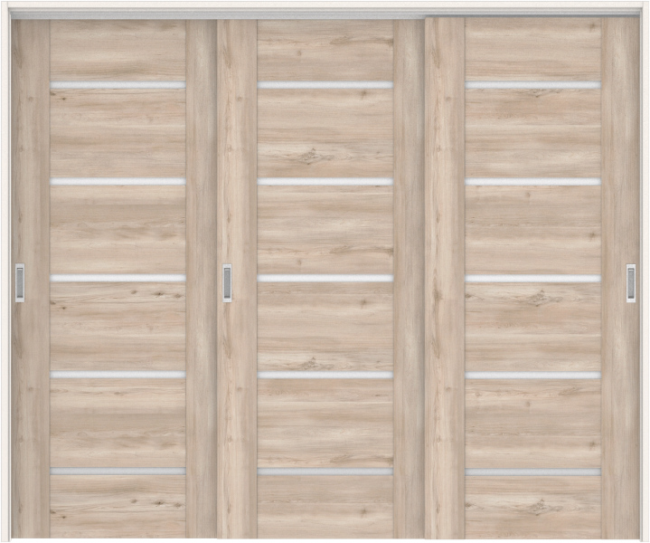 リビングドア　ハピアトレンドウッド調　吊戸・３枚引違　扉セット　Ｅ９デザイン　２４３２幅用　２０００高　〈スモークグレー〉　左右兼用　空錠　ラクラクローズ付用