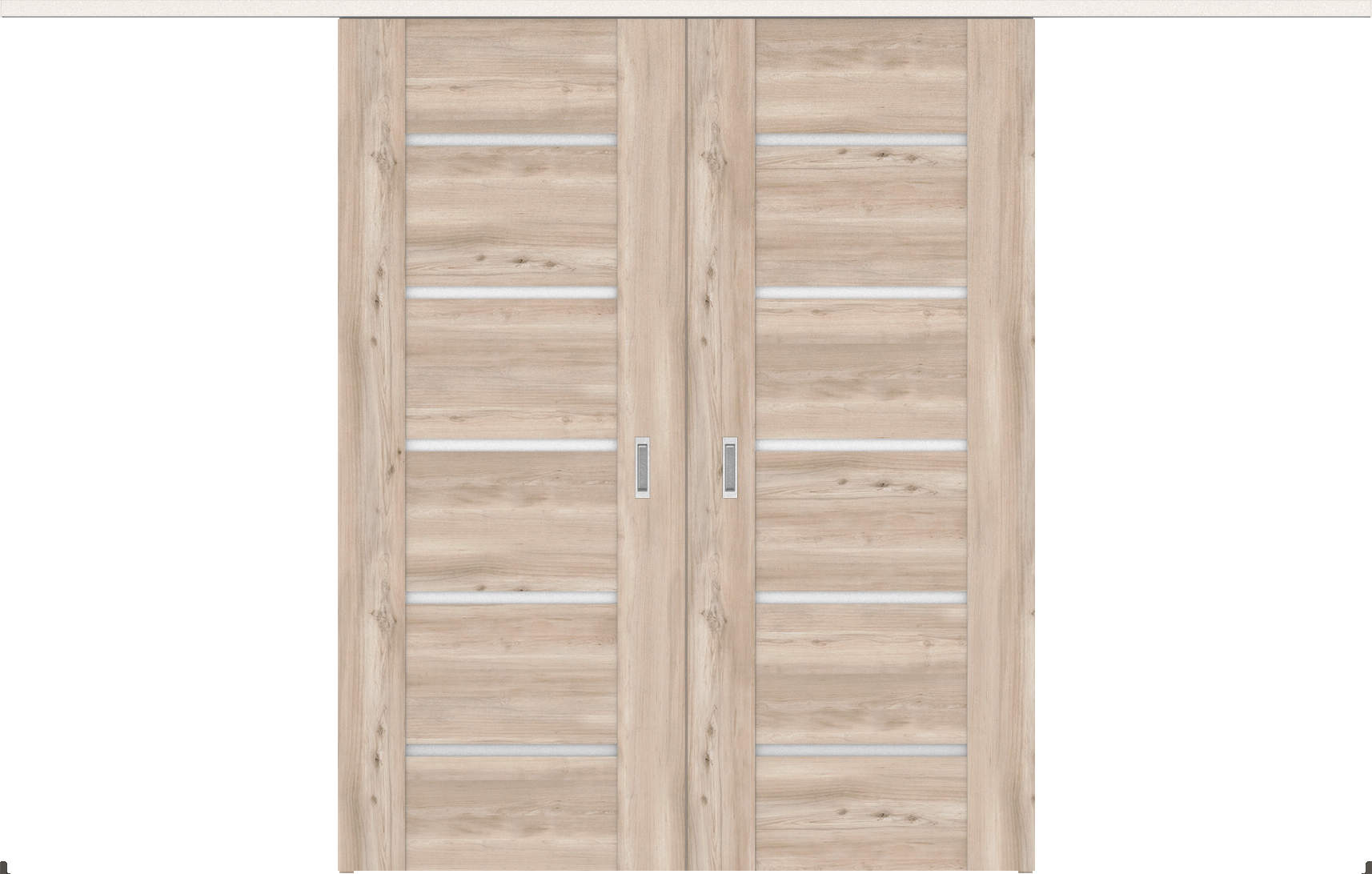 リビングドア　ハピアトレンドウッド調　アウトセット吊戸・引分　セット　Ｅ９デザイン　３２８０幅　２０００高　〈スモークグレー〉　左右兼用　空錠　ラクラクローズ付　引分用レールセット　〈モノホワイト〉　引分用開口出隅セット　〈モノホワイト〉