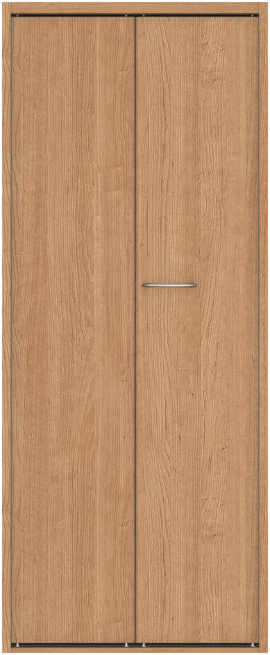 クローク収納　ハピア　折戸ユニット　フラット縦木目タイプ　ウッド扉　四方枠（固定枠）　セット　７３５幅（３尺間口）　１８００高　〈ティーブラウン〉　ハンドルラウンド型〈ブラック〉