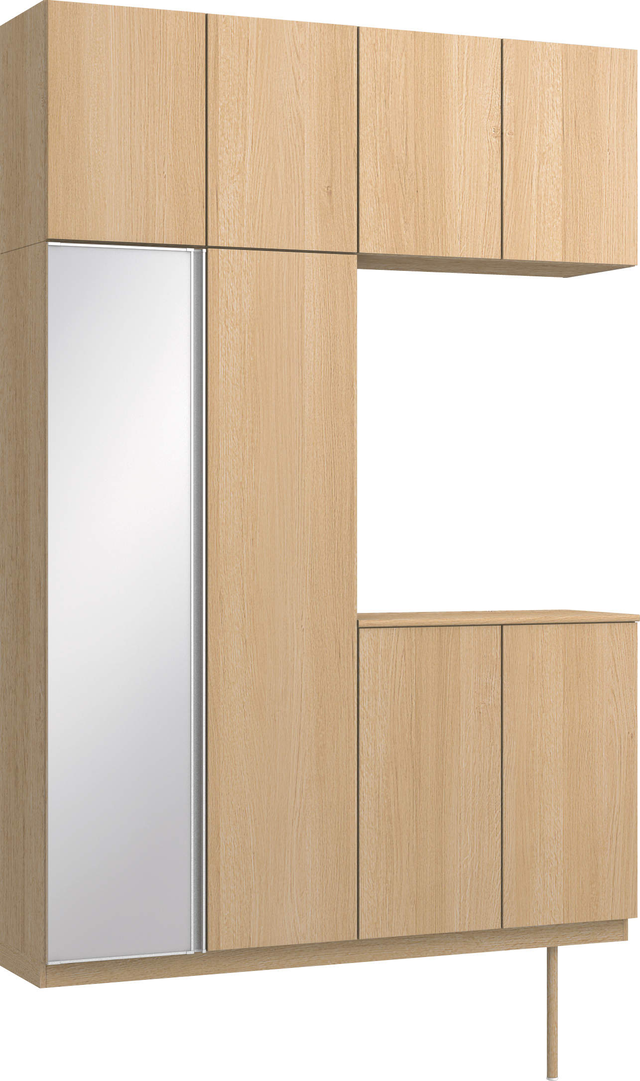 玄関収納　イエリア　開き戸ユニット　フラット縦木目　Ｓ４３　コの字ＰＬＡＮ　ロング収納Ａ　ミラー扉　１６００幅　〈ライトオーカー柄〉　ハンドルレス