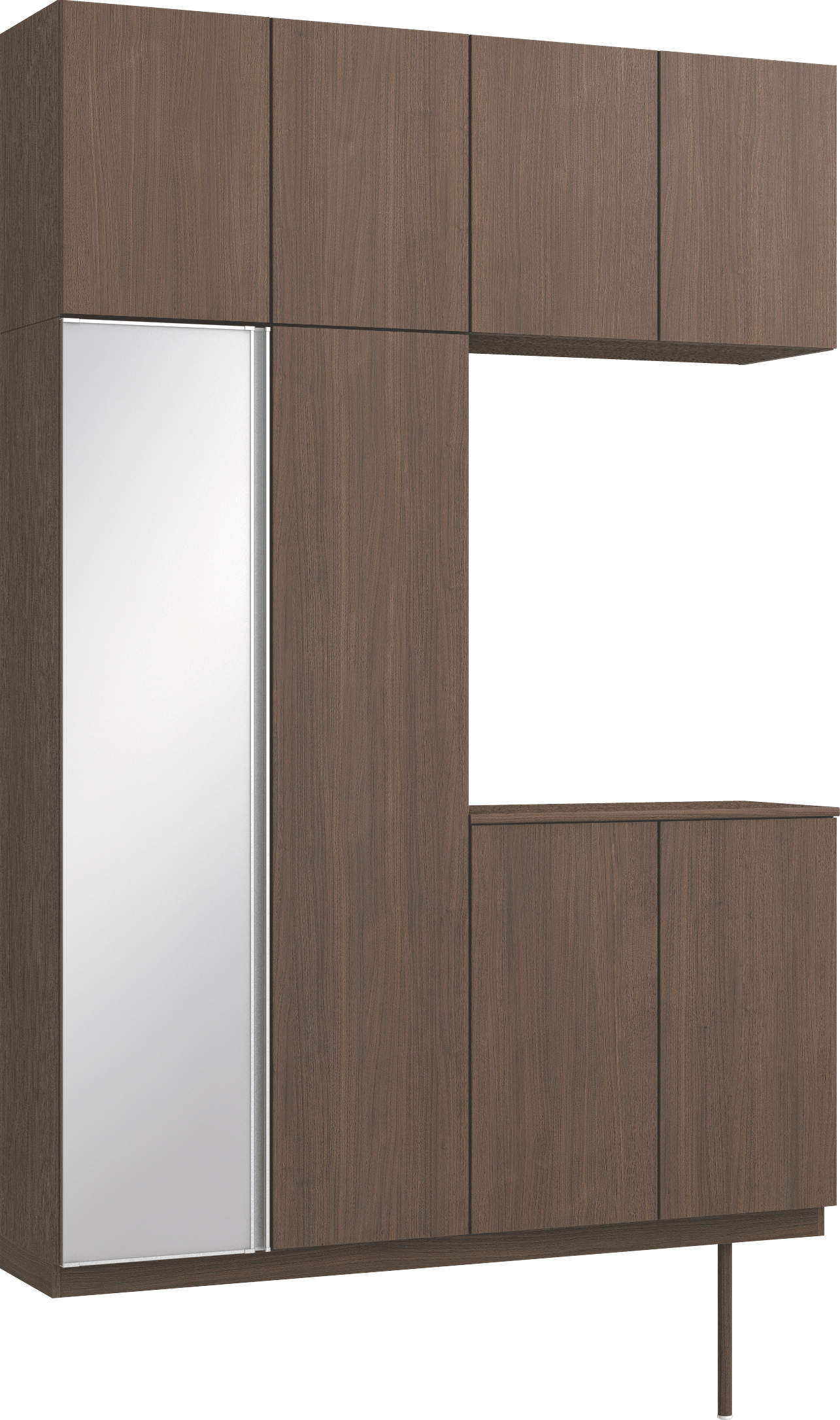 玄関収納　イエリア　開き戸ユニット　フラット縦木目　Ｓ４３　コの字ＰＬＡＮ　ロング収納Ａ　ミラー扉　１６００幅　〈ダルブラウン柄〉　ハンドルレス