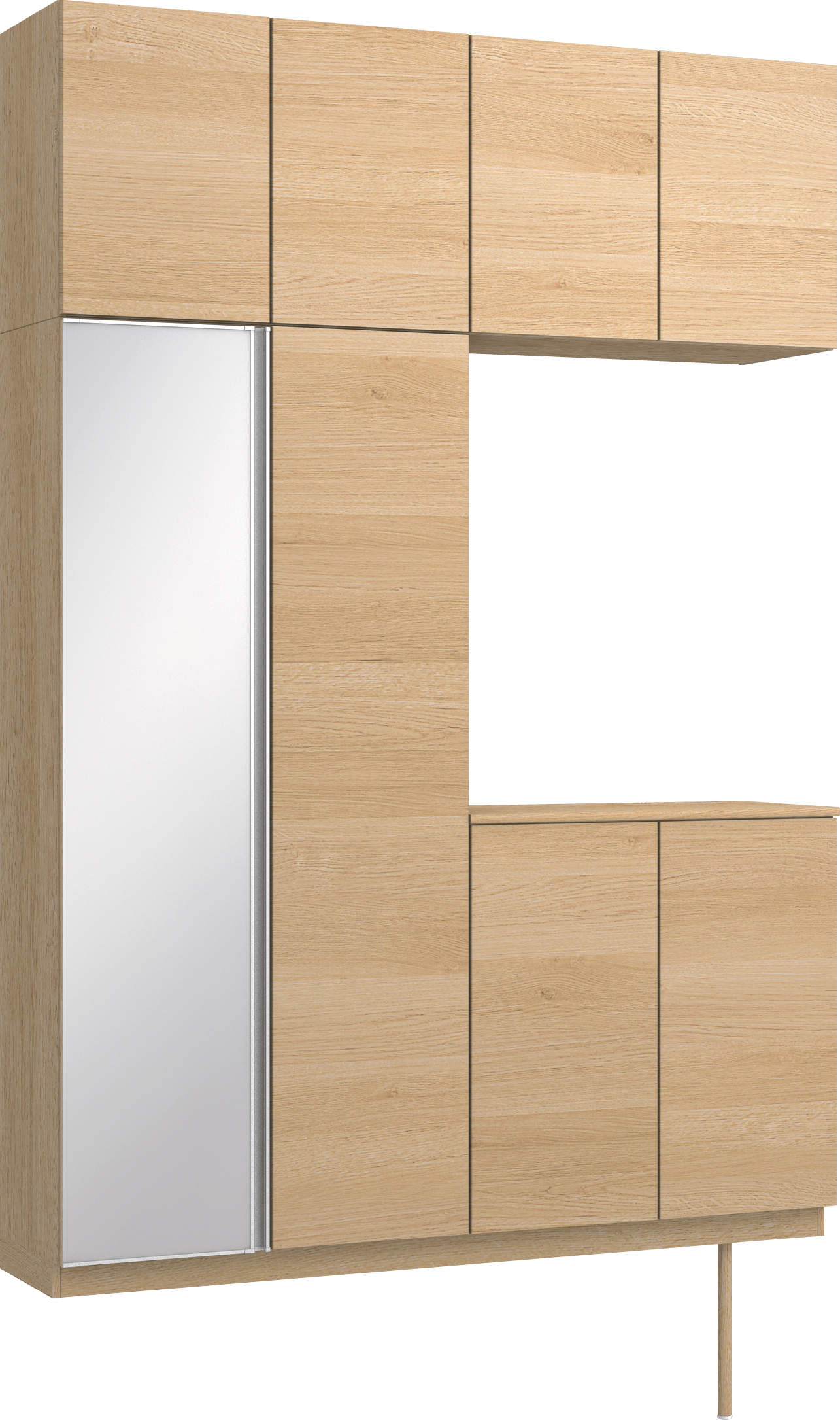 玄関収納　イエリア　開き戸ユニット　フラット横木目　Ｓ４３　コの字ＰＬＡＮ　ロング収納Ａ　ミラー扉　１６００幅　〈ライトオーカー柄〉　ハンドルレス