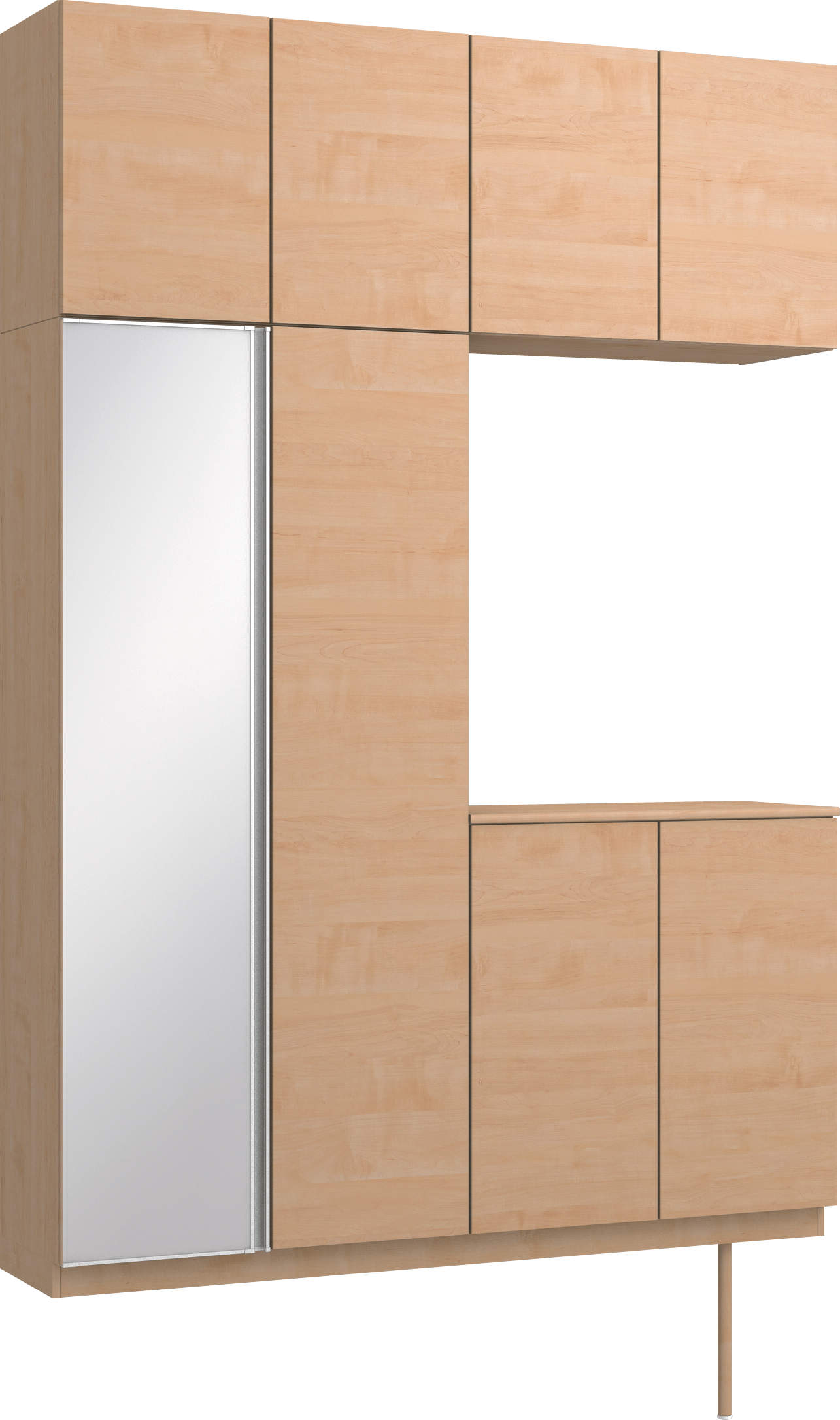 玄関収納　イエリア　開き戸ユニット　フラット横木目　Ｓ４３　コの字ＰＬＡＮ　ロング収納Ａ　ミラー扉　１６００幅　〈ミルベージュ柄〉　ハンドルレス