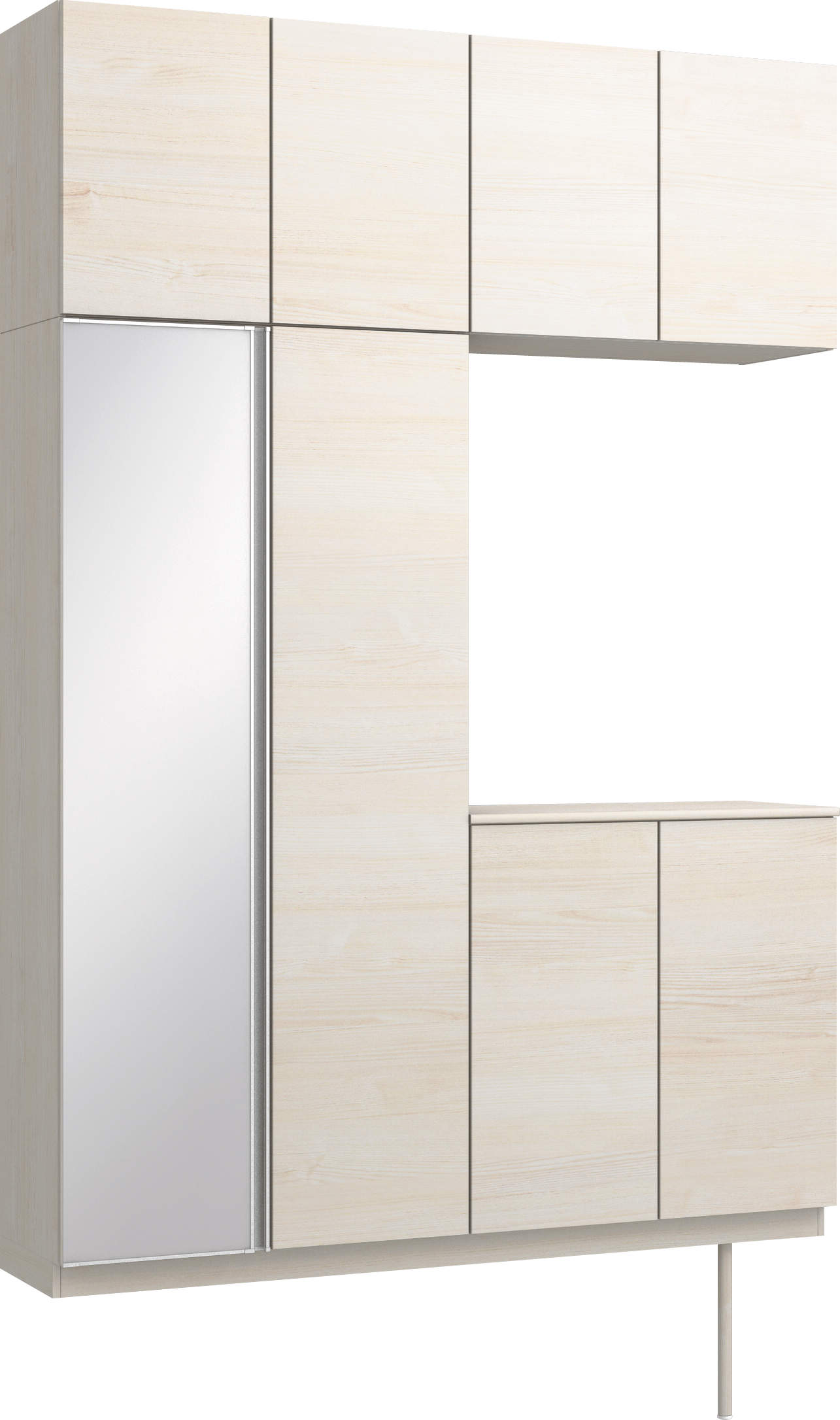 玄関収納　イエリア　開き戸ユニット　フラット横木目　Ｓ４３　コの字ＰＬＡＮ　ロング収納Ａ　ミラー扉　１６００幅　〈ネオホワイト柄〉　ハンドルレス