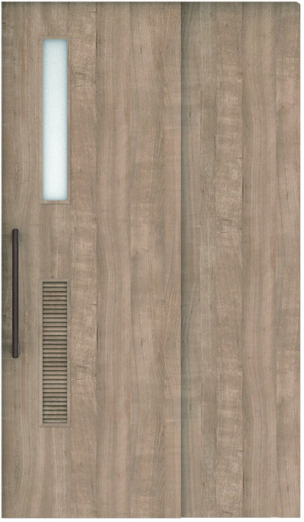 おもいやりシリーズ　２枚連動吊戸　インセットタイプ　扉　Ｆデザイン　６８１幅　２０００高　〈トープグレー〉　右引　扉大　（錠なし＋にぎりバー　ラクラクローズ付）用