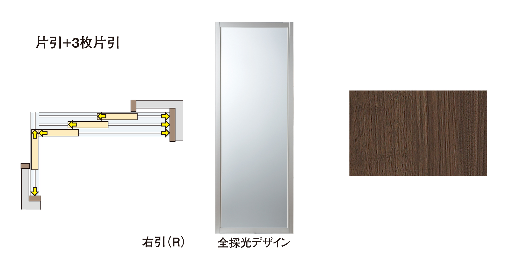ハピア　間仕切戸　Ｌ型コーナー間仕切　セット　片引×３枚片引　２３１８高　全採光デザイン　〈スケルトン〉　固定枠９０　〈ダルブラウン〉　右引　錠なし　ラクラクローズ付　床付下レール　〈シルバー〉