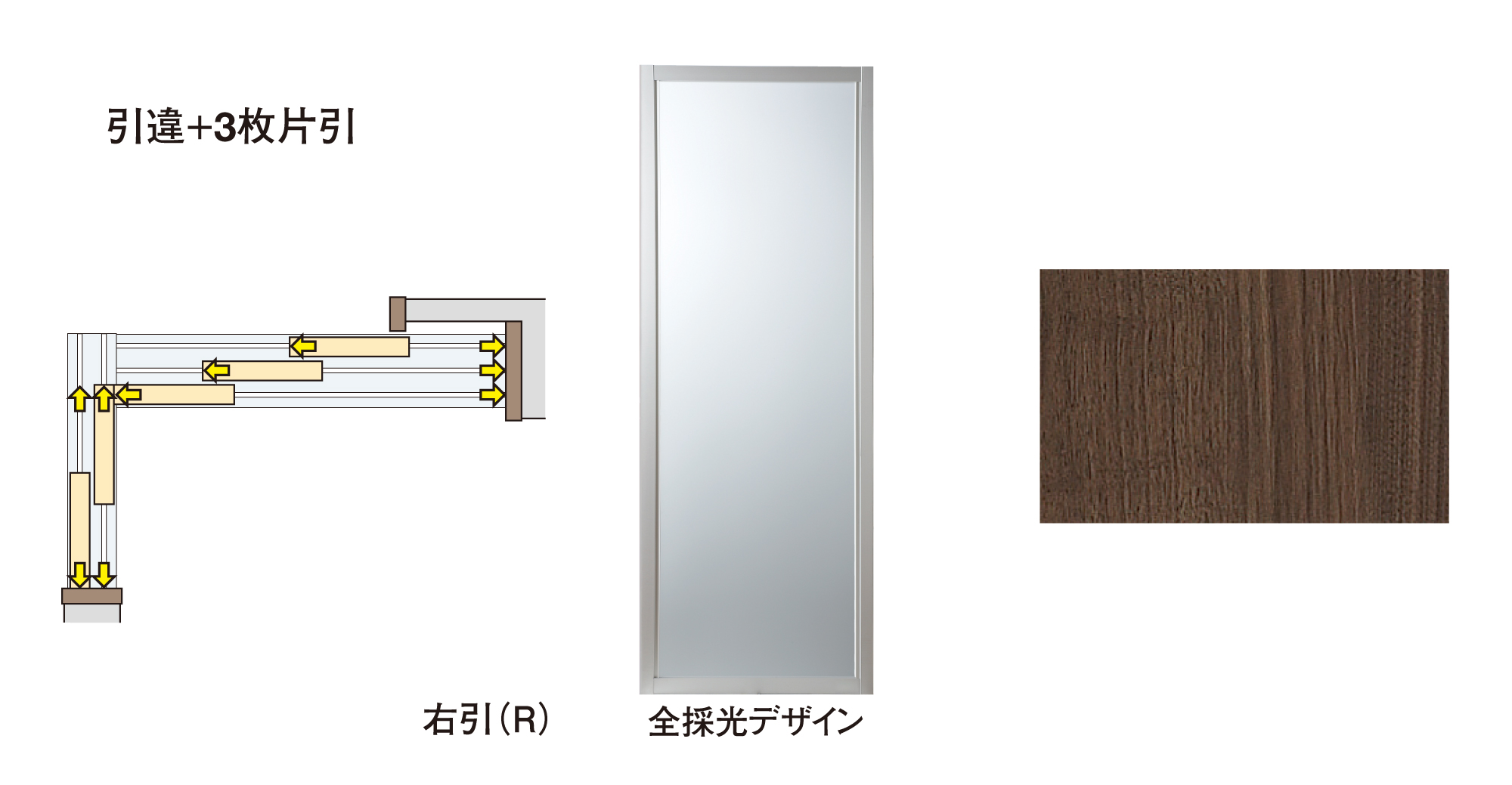 ハピア　間仕切戸　Ｌ型コーナー間仕切　セット　引違×３枚片引　２３１８高　全採光デザイン　〈スケルトン〉　固定枠９０　〈ダルブラウン〉　右引　錠なし　ラクラクローズ付　床付下レール　〈シルバー〉