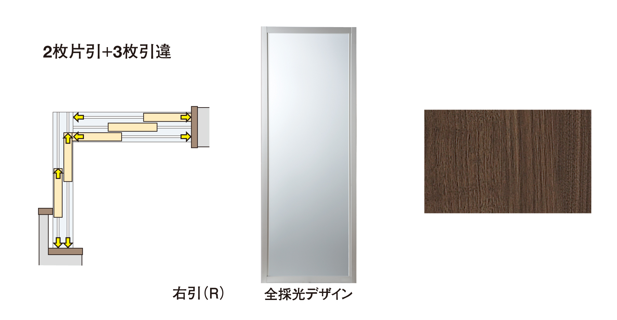 ハピア　間仕切戸　Ｌ型コーナー間仕切　セット　２枚片引×３枚引違　２３１８高　全採光デザイン　〈スケルトン〉　固定枠１５４　〈ダルブラウン〉　右引　錠なし　ラクラクローズ付　床付下レール　〈シルバー〉