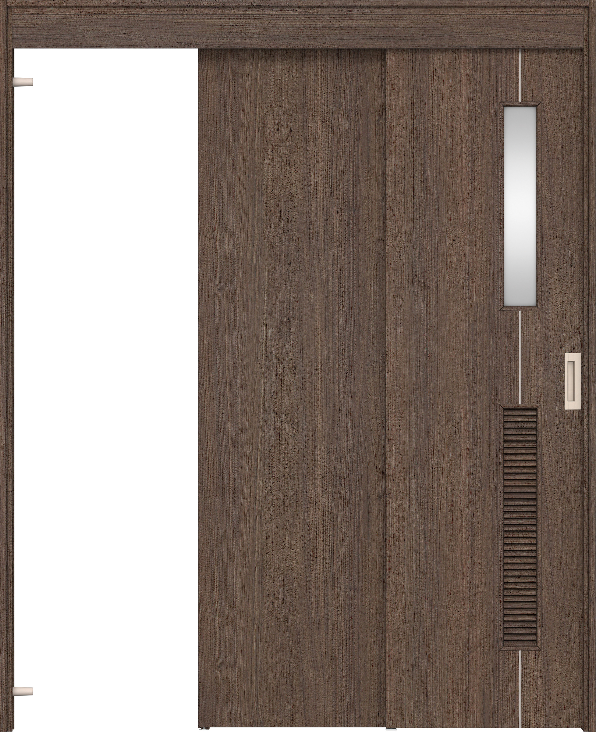 リビングドア　イエリア　機能ドア　２枚連動吊戸　扉セット　Ｄ６デザイン　１４５０幅用　２０００高　〈ダルブラウン柄〉　左引　錠なし