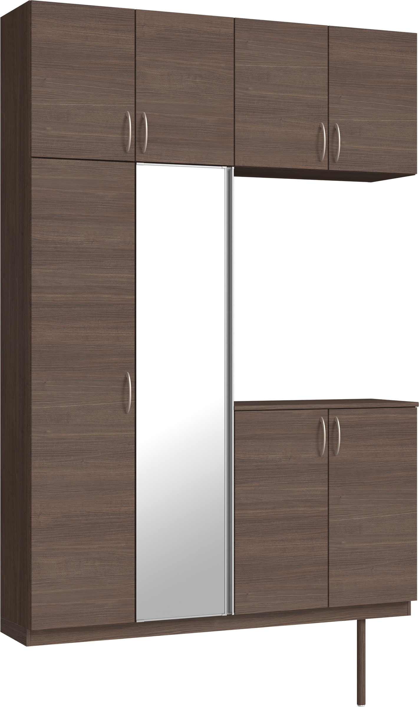 玄関収納　イエリア　開き戸ユニット　フラット横木目　Ｓ４９　コの字ＰＬＡＮ　シューズ収納　ミラー扉　１６００幅　〈ダルブラウン柄〉　ハンドルラウンド型〈Ｔシルバー色〉