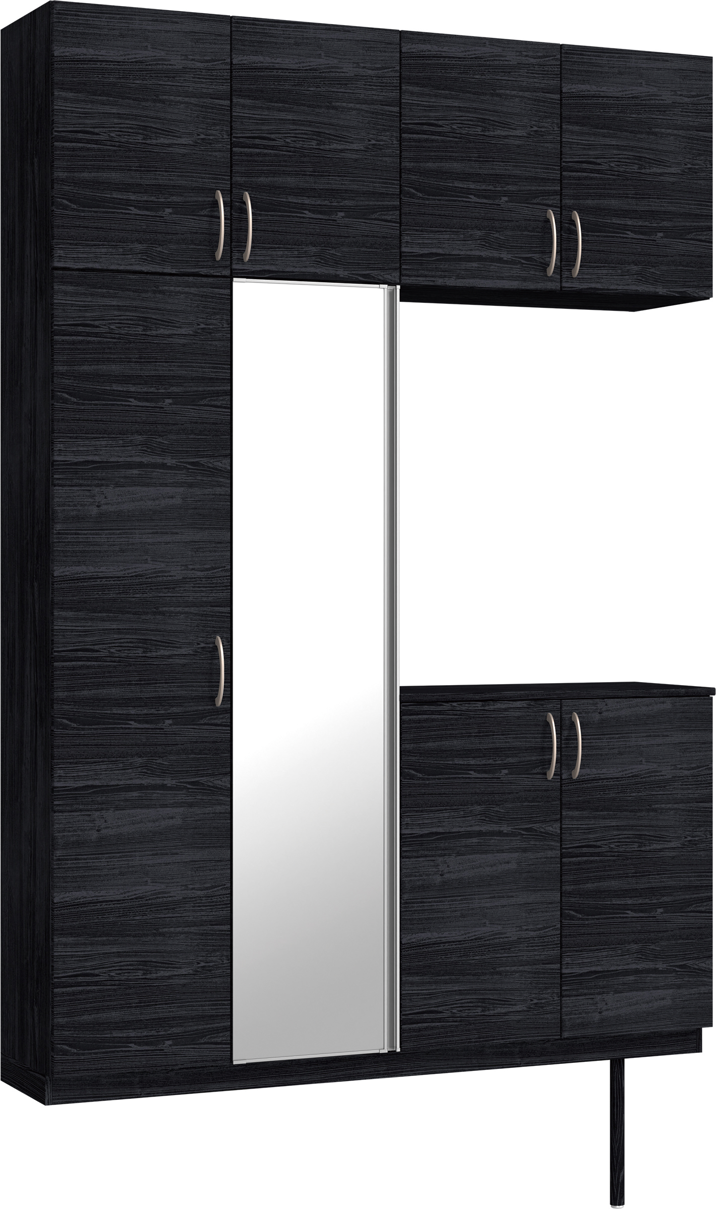 玄関収納　イエリア　開き戸ユニット　フラット横木目　Ｓ４９　コの字ＰＬＡＮ　シューズ収納　ミラー扉　１６００幅　〈モスブラック柄〉　ハンドルラウンド型〈Ｔシルバー色〉