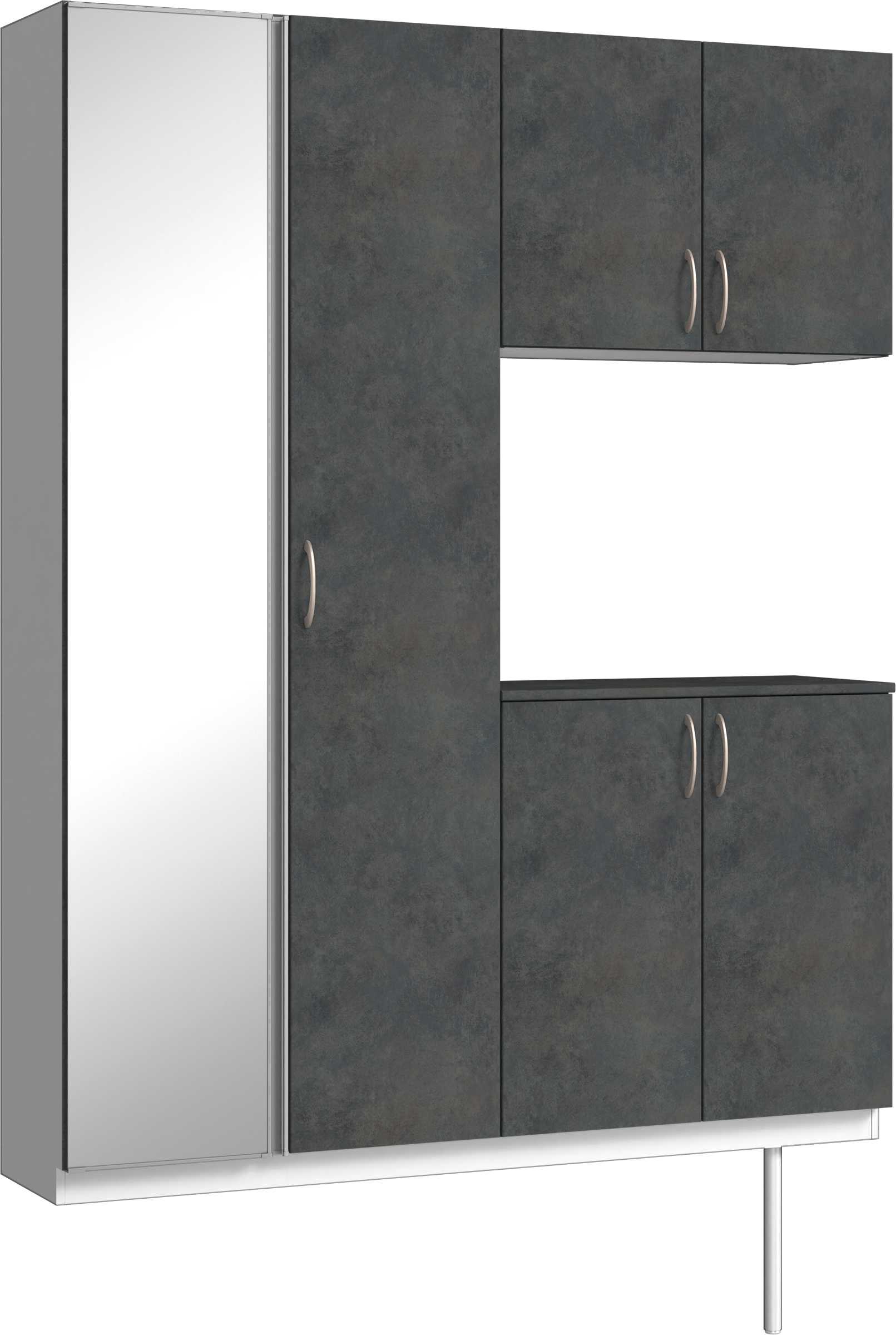 玄関収納　イエリア　開き戸ユニット　フラット　Ｓ０２　コの字ＰＬＡＮ　シューズ収納　ミラー扉　１６００幅　〈アイアンブラック柄〉　ハンドルラウンド型〈Ｔシルバー色〉