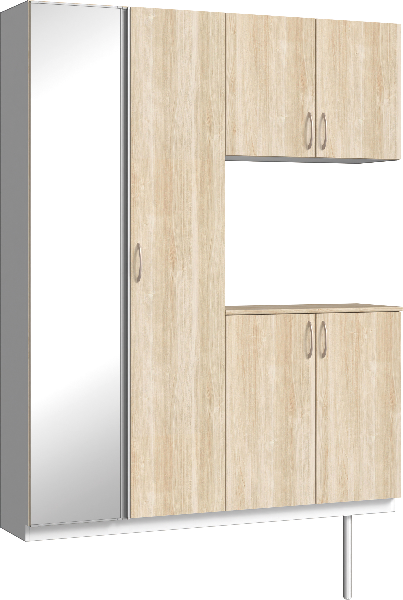 玄関収納　イエリア　開き戸ユニット　フラット　Ｓ０２　コの字ＰＬＡＮ　シューズ収納　ミラー扉　１６００幅　〈コットンベージュ柄〉　ハンドルラウンド型〈Ｔシルバー色〉