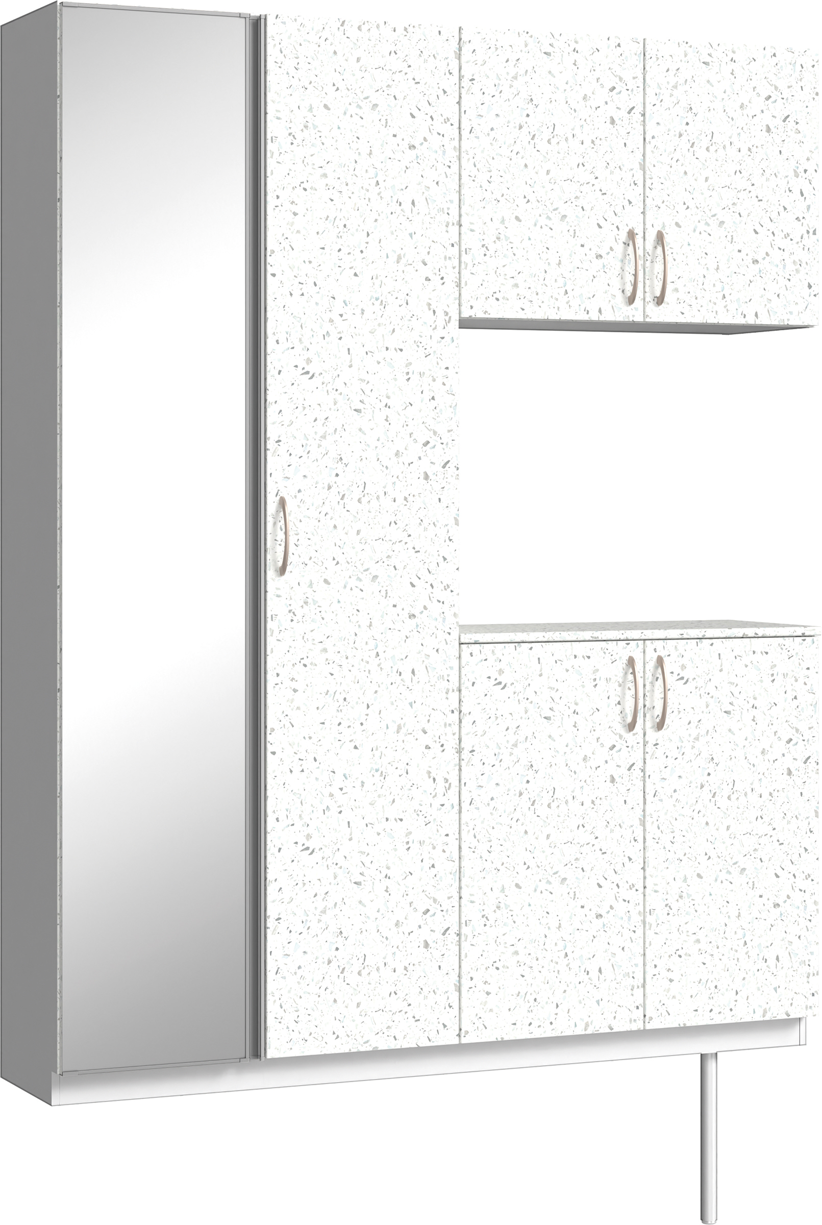 玄関収納　イエリア　開き戸ユニット　フラット　Ｓ０２　コの字ＰＬＡＮ　シューズ収納　ミラー扉　１６００幅　〈テラゾホワイト柄〉　ハンドルラウンド型〈Ｔシルバー色〉