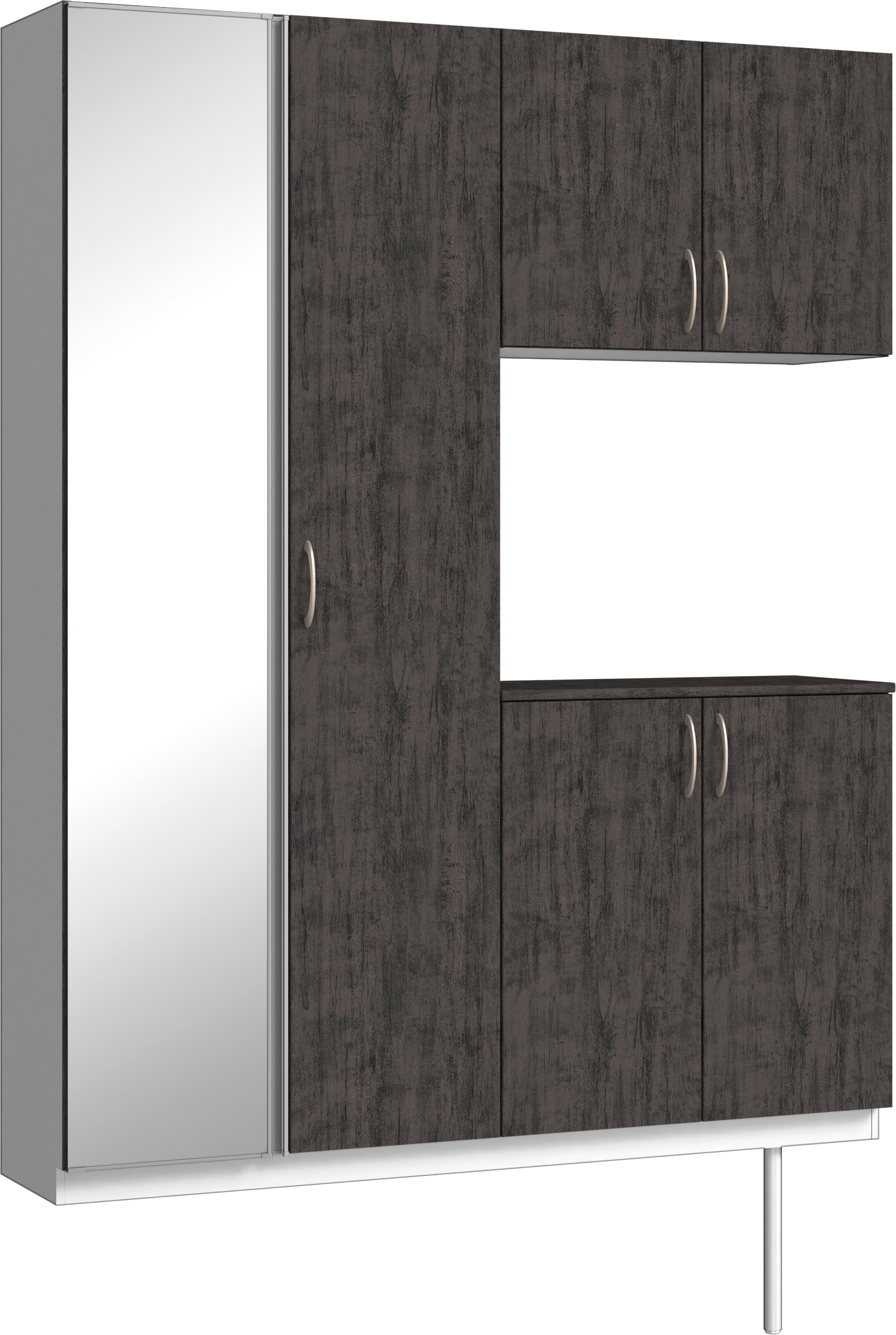 玄関収納　イエリア　開き戸ユニット　フラット　Ｓ０２　コの字ＰＬＡＮ　シューズ収納　ミラー扉　１６００幅　〈ドライブラック柄〉　ハンドルラウンド型〈Ｔシルバー色〉