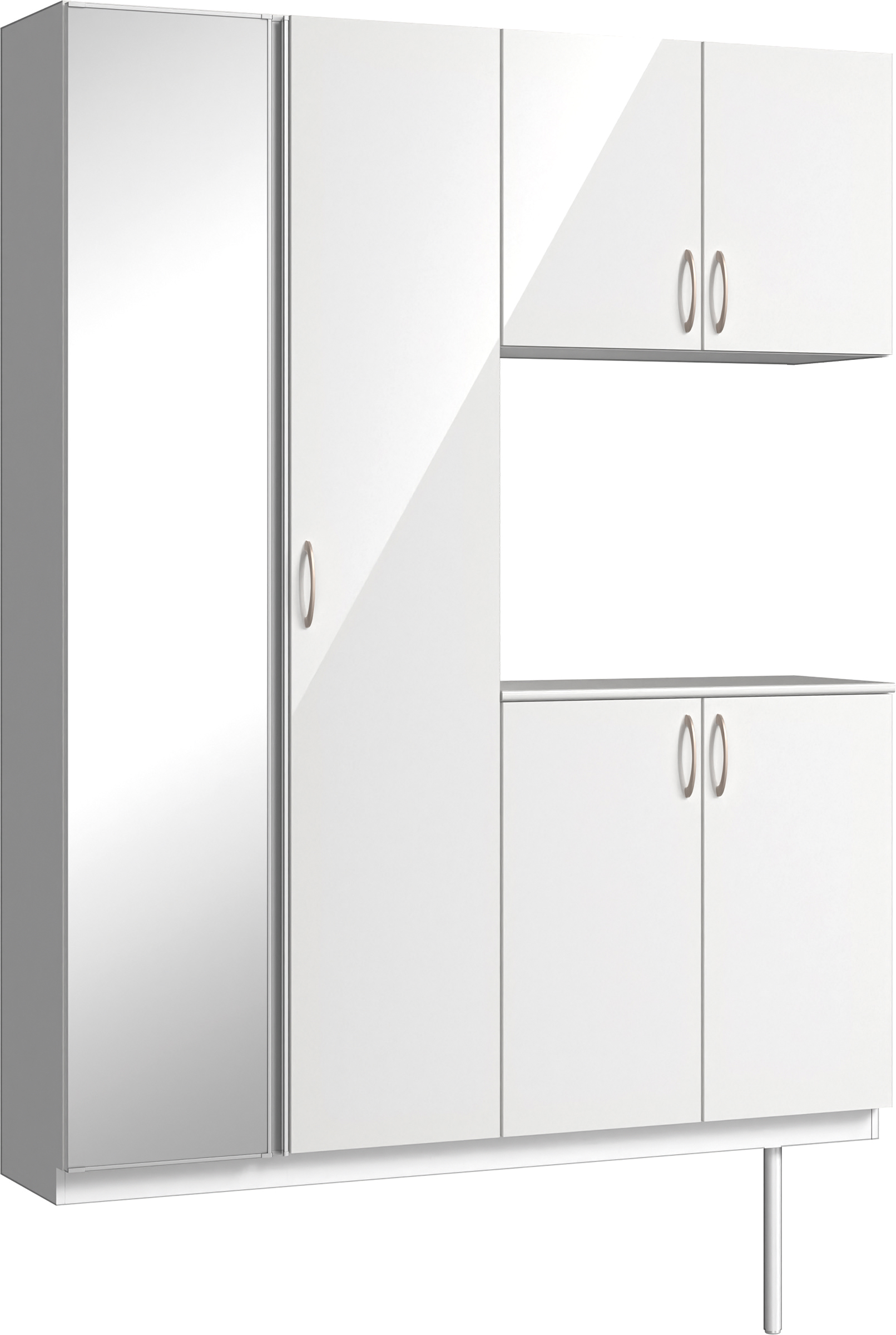 玄関収納　イエリア　開き戸ユニット　フラット　Ｓ０２　コの字ＰＬＡＮ　シューズ収納　ミラー扉　１６００幅　〈ルミホワイト柄〉　ハンドルラウンド型〈Ｔシルバー色〉