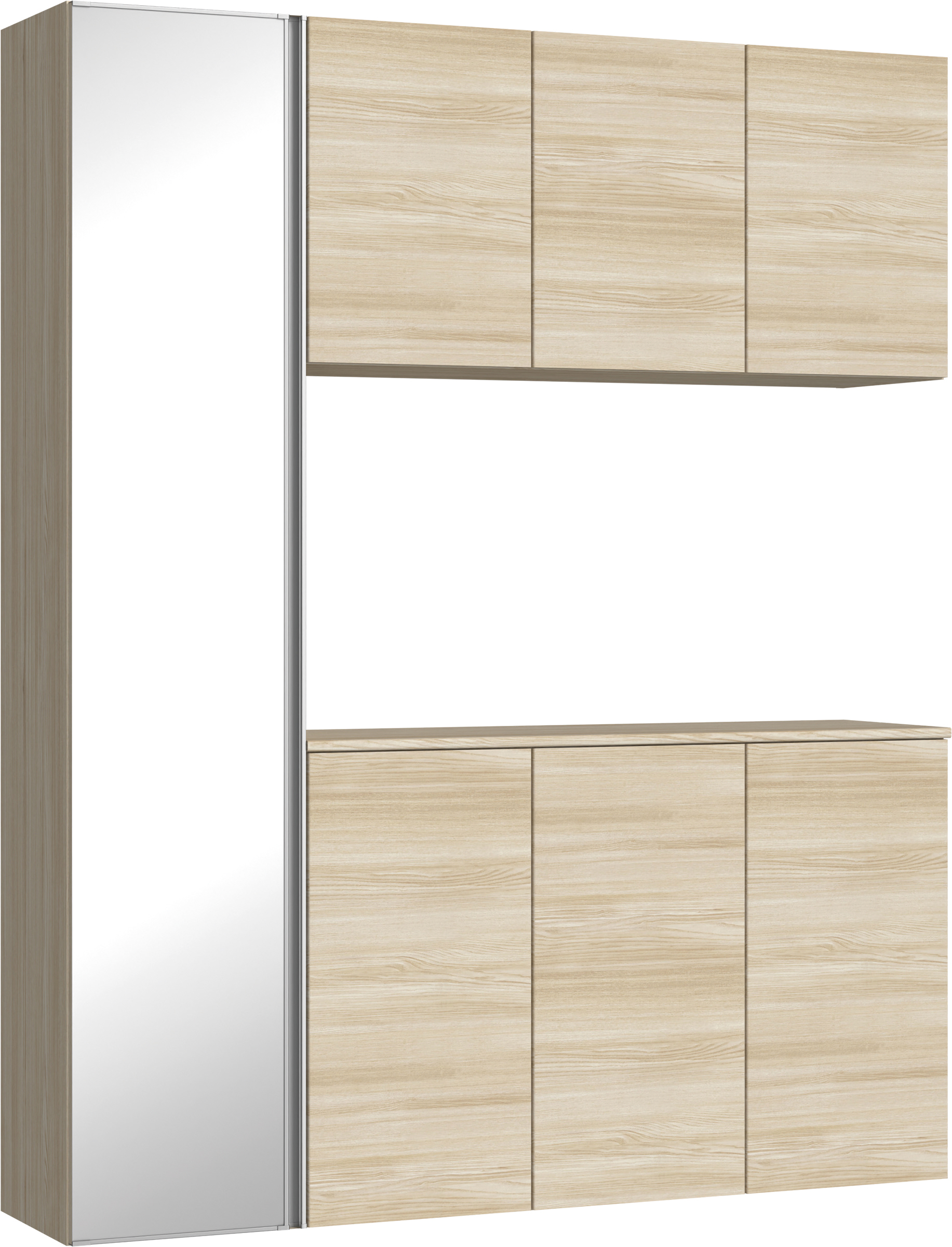 玄関収納　イエリア　開き戸ユニット　フラット横木目　Ｓ８１　コの字ＰＬＡＮ　シューズ収納　ミラー扉　１６００幅　〈ソフトグレージュ柄〉　ハンドルレス