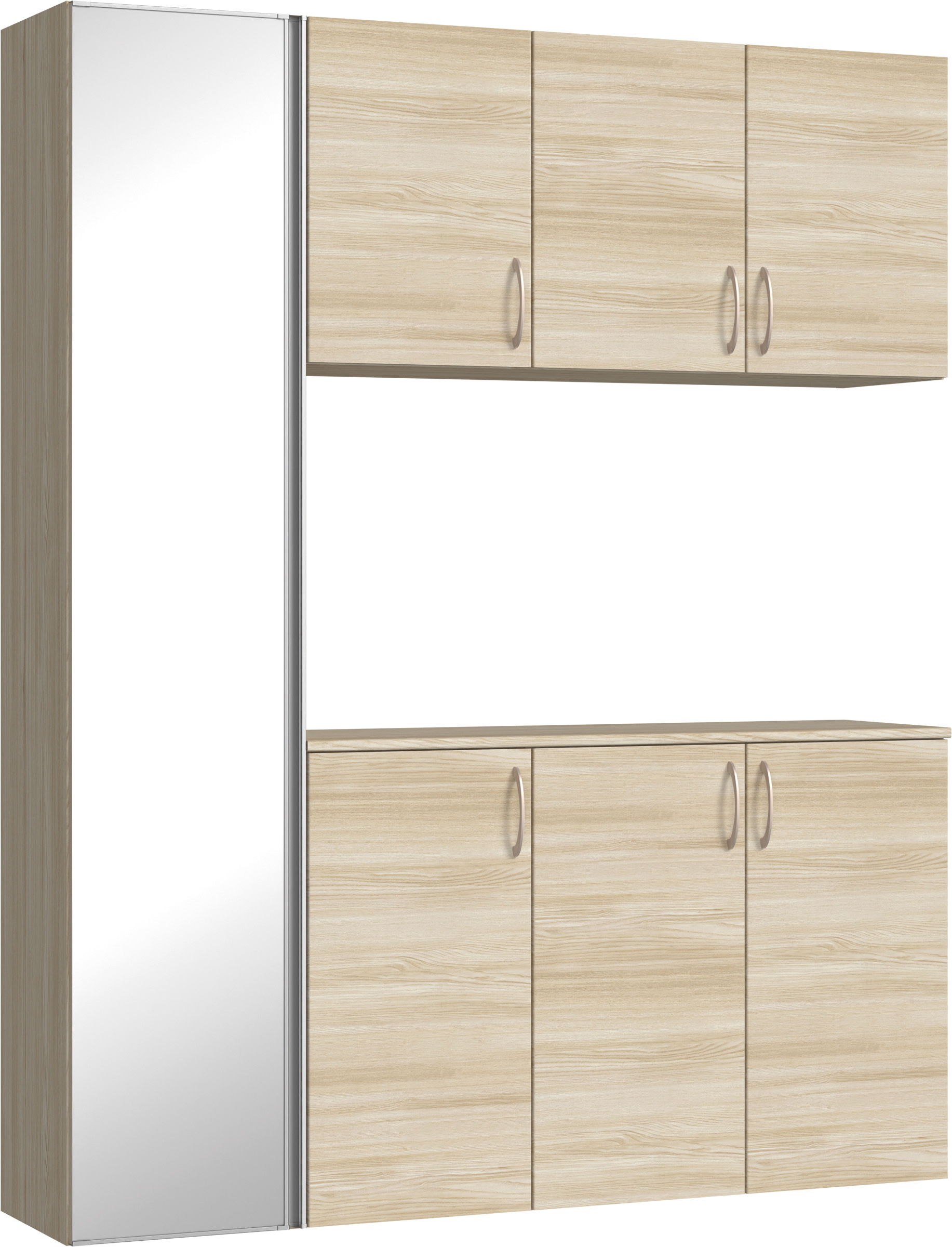 玄関収納　イエリア　開き戸ユニット　フラット横木目　Ｓ８１　コの字ＰＬＡＮ　シューズ収納　ミラー扉　１６００幅　〈ソフトグレージュ柄〉　ハンドルラウンド型〈Ｔシルバー色〉