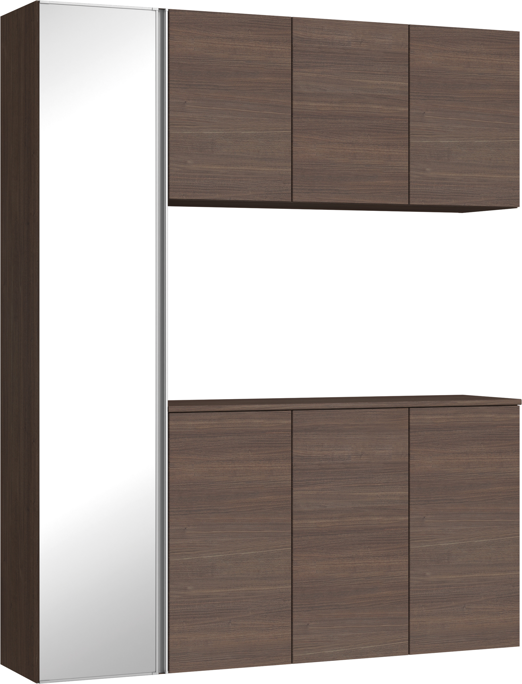 玄関収納　イエリア　開き戸ユニット　フラット横木目　Ｓ８１　コの字ＰＬＡＮ　シューズ収納　ミラー扉　１６００幅　〈ダルブラウン柄〉　ハンドルレス