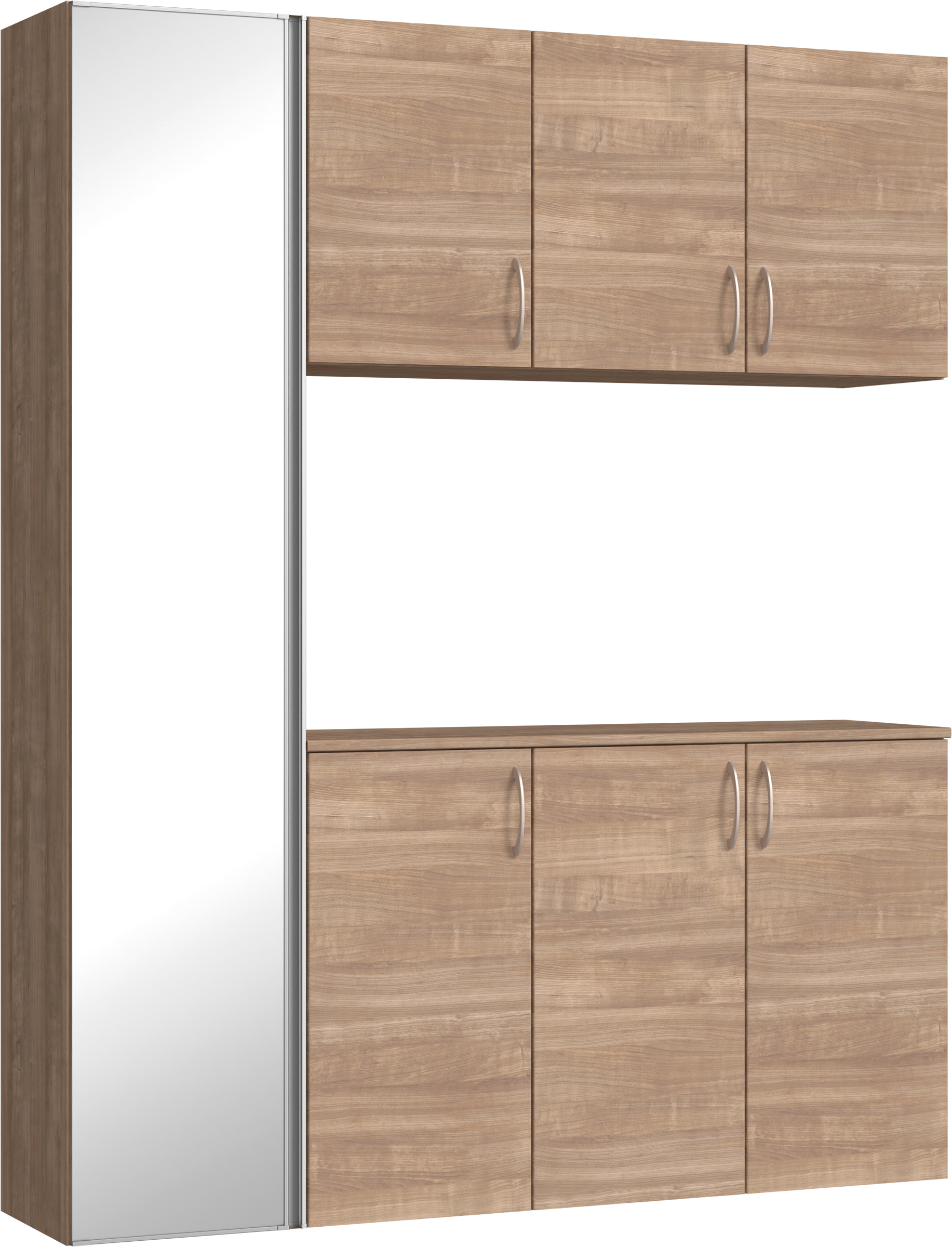 玄関収納　イエリア　開き戸ユニット　フラット横木目　Ｓ８１　コの字ＰＬＡＮ　シューズ収納　ミラー扉　１６００幅　〈トープグレー柄〉　ハンドルラウンド型〈Ｔシルバー色〉