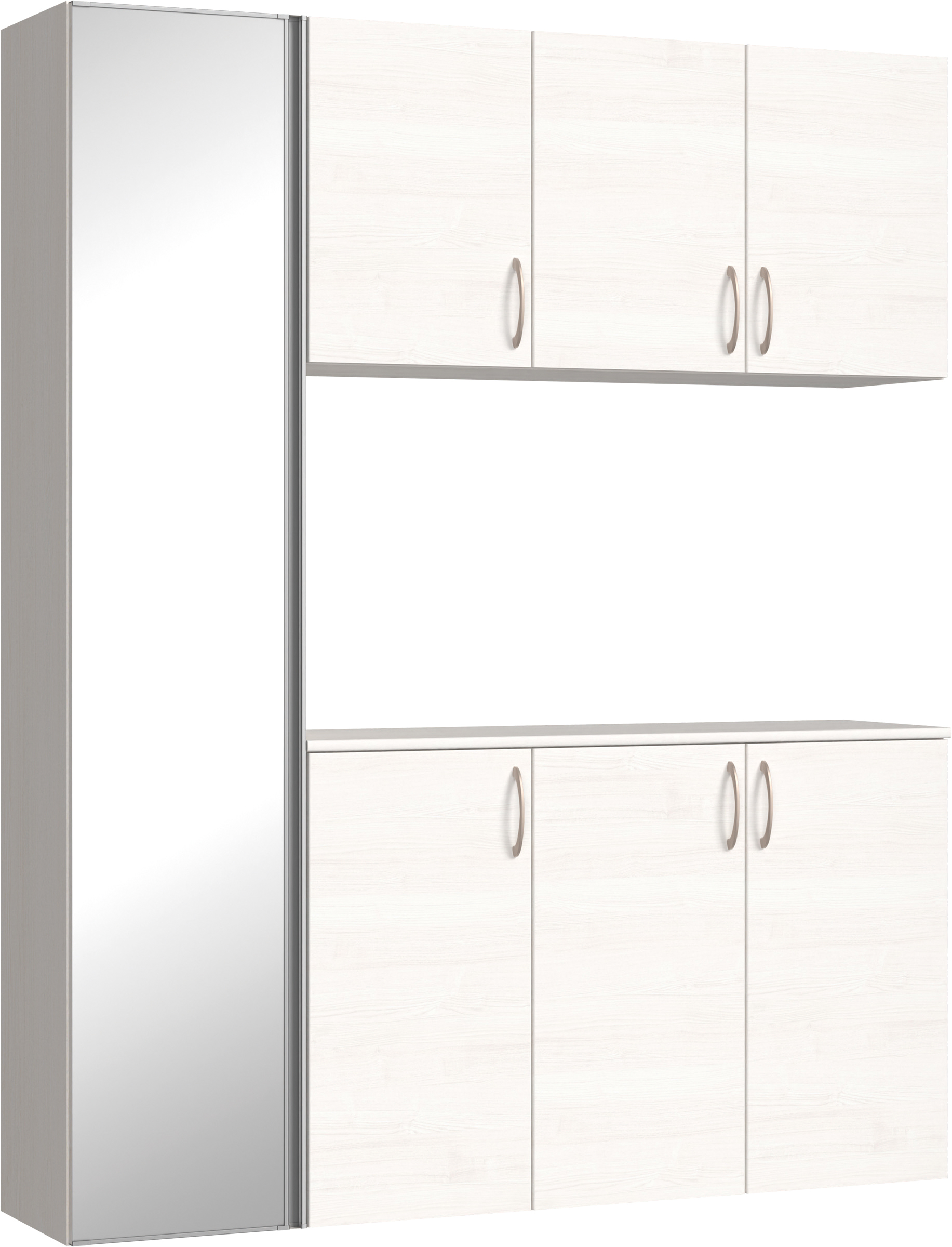 玄関収納　イエリア　開き戸ユニット　フラット横木目　Ｓ８１　コの字ＰＬＡＮ　シューズ収納　ミラー扉　１６００幅　〈ネオホワイト柄〉　ハンドルラウンド型〈Ｔシルバー色〉