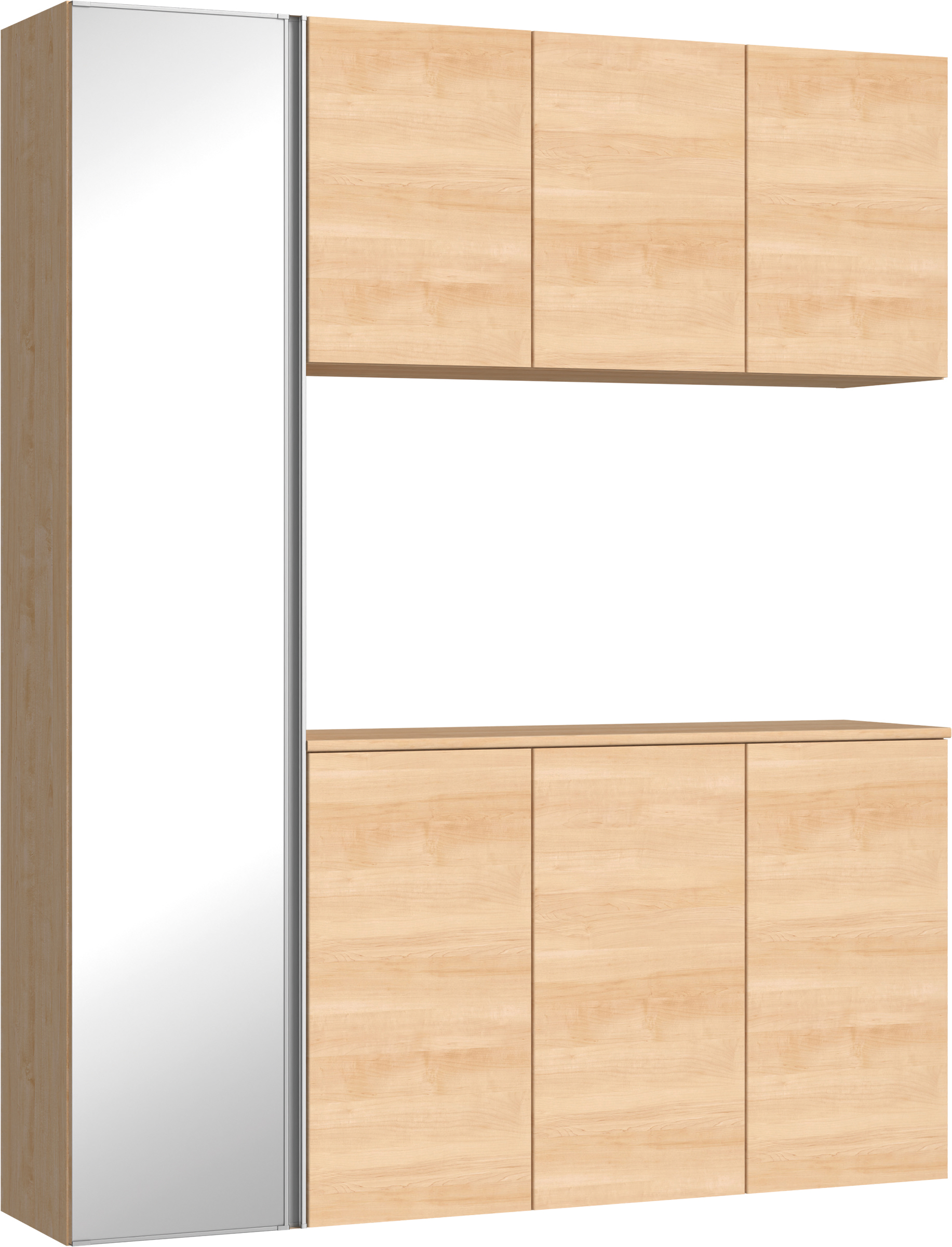 玄関収納　イエリア　開き戸ユニット　フラット横木目　Ｓ８１　コの字ＰＬＡＮ　シューズ収納　ミラー扉　１６００幅　〈ミルベージュ柄〉　ハンドルレス