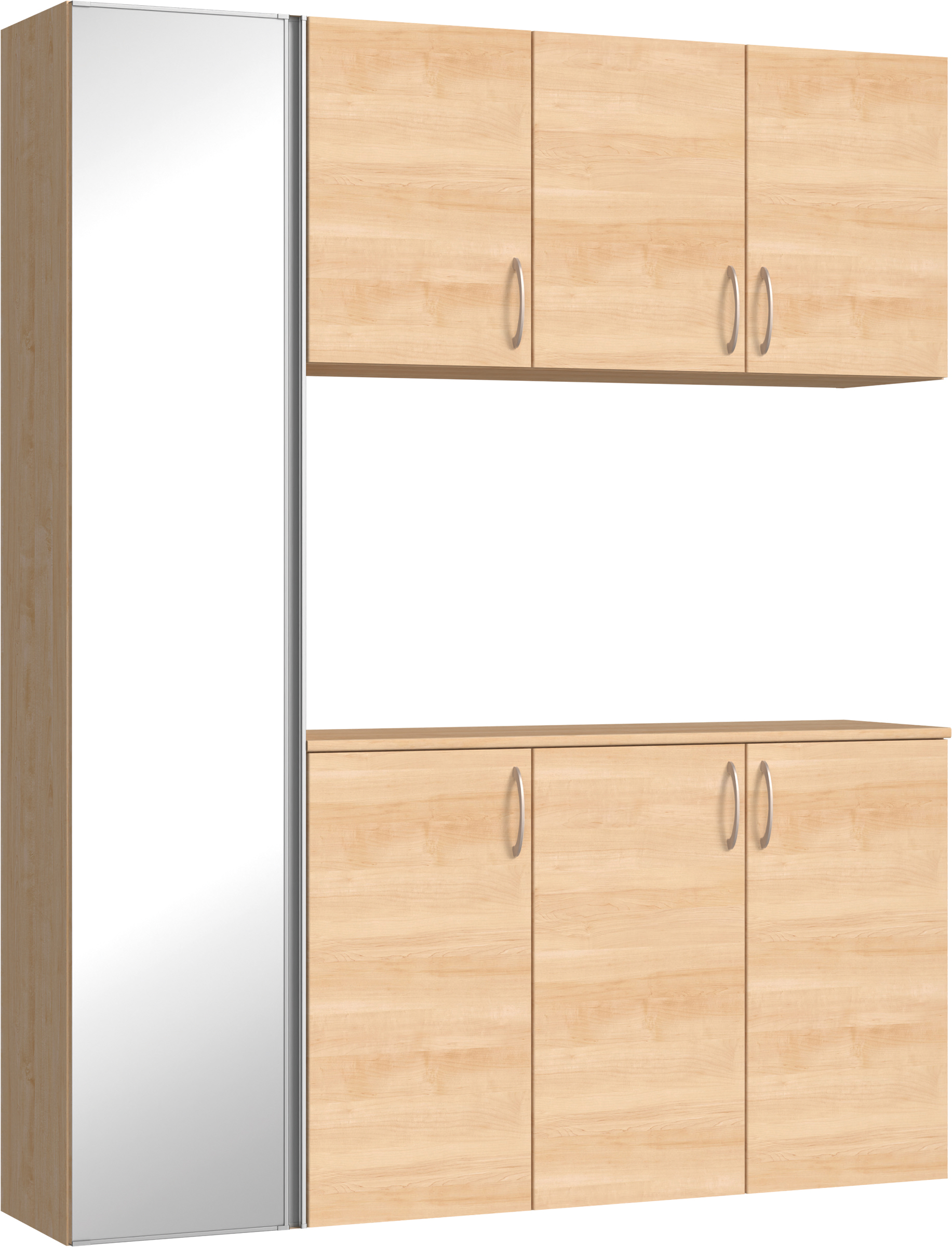 玄関収納　イエリア　開き戸ユニット　フラット横木目　Ｓ８１　コの字ＰＬＡＮ　シューズ収納　ミラー扉　１６００幅　〈ミルベージュ柄〉　ハンドルラウンド型〈Ｔシルバー色〉