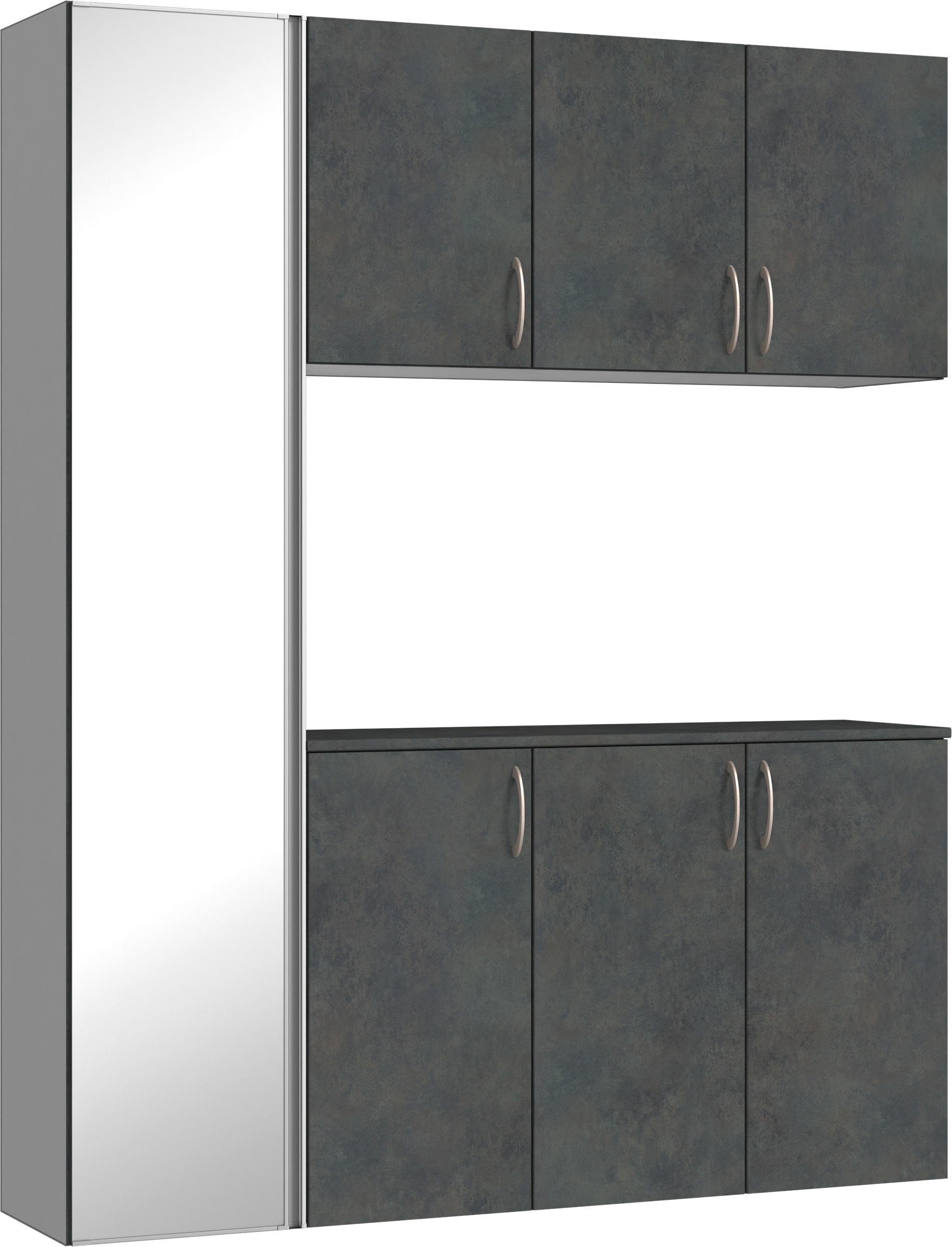 玄関収納　イエリア　開き戸ユニット　フラット　Ｓ８１　コの字ＰＬＡＮ　シューズ収納　ミラー扉　１６００幅　〈アイアンブラック柄〉　ハンドルラウンド型〈Ｔシルバー色〉