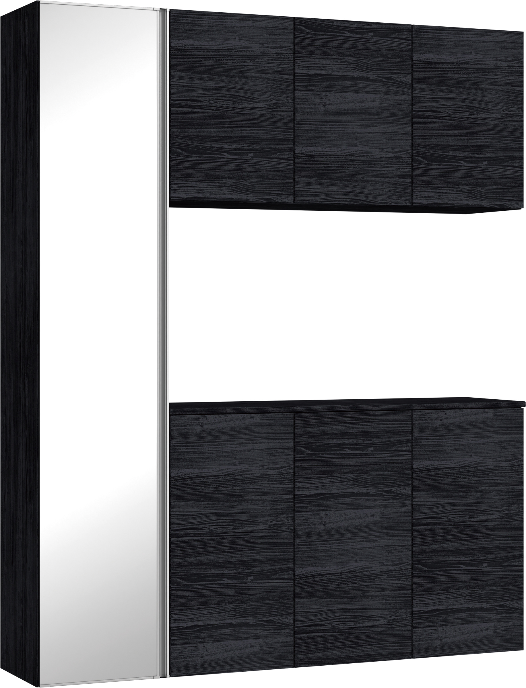 玄関収納　イエリア　開き戸ユニット　フラット横木目　Ｓ８１　コの字ＰＬＡＮ　シューズ収納　ミラー扉　１６００幅　〈モスブラック柄〉　ハンドルレス