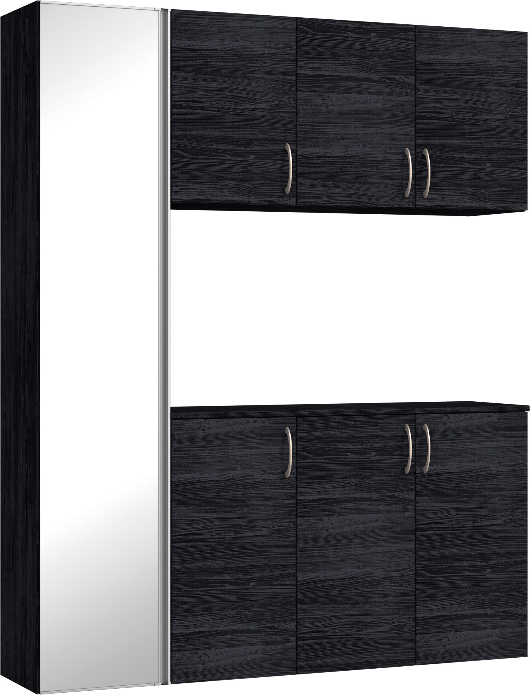 玄関収納　イエリア　開き戸ユニット　フラット横木目　Ｓ８１　コの字ＰＬＡＮ　シューズ収納　ミラー扉　１６００幅　〈モスブラック柄〉　ハンドルラウンド型〈Ｔシルバー色〉