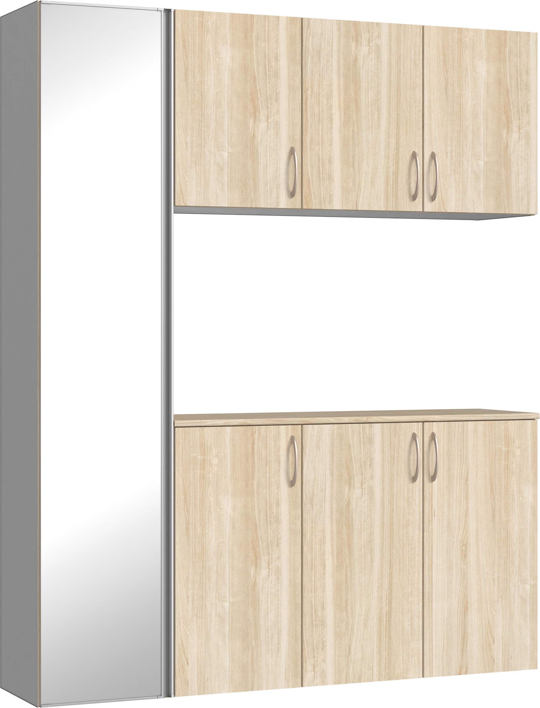 玄関収納　イエリア　開き戸ユニット　フラット　Ｓ８１　コの字ＰＬＡＮ　シューズ収納　ミラー扉　１６００幅　〈コットンベージュ柄〉　ハンドルラウンド型〈Ｔシルバー色〉