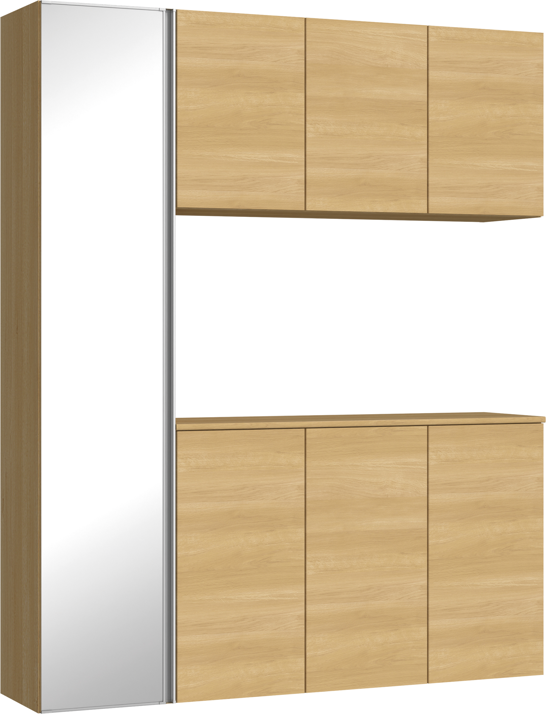 玄関収納　イエリア　開き戸ユニット　フラット横木目　Ｓ８１　コの字ＰＬＡＮ　シューズ収納　ミラー扉　１６００幅　〈ライトオーカー柄〉　ハンドルレス