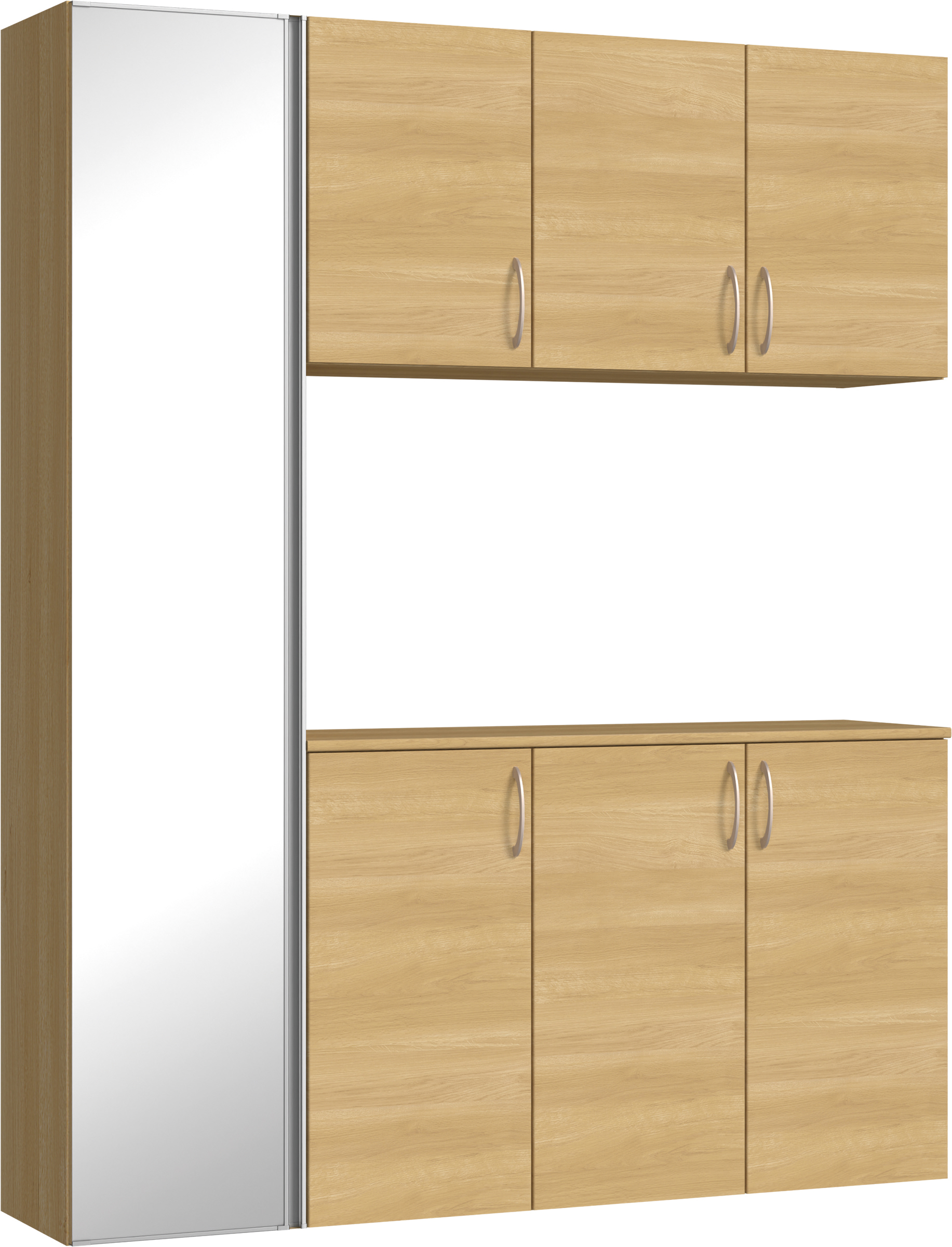 玄関収納　イエリア　開き戸ユニット　フラット横木目　Ｓ８１　コの字ＰＬＡＮ　シューズ収納　ミラー扉　１６００幅　〈ライトオーカー柄〉　ハンドルラウンド型〈Ｔシルバー色〉