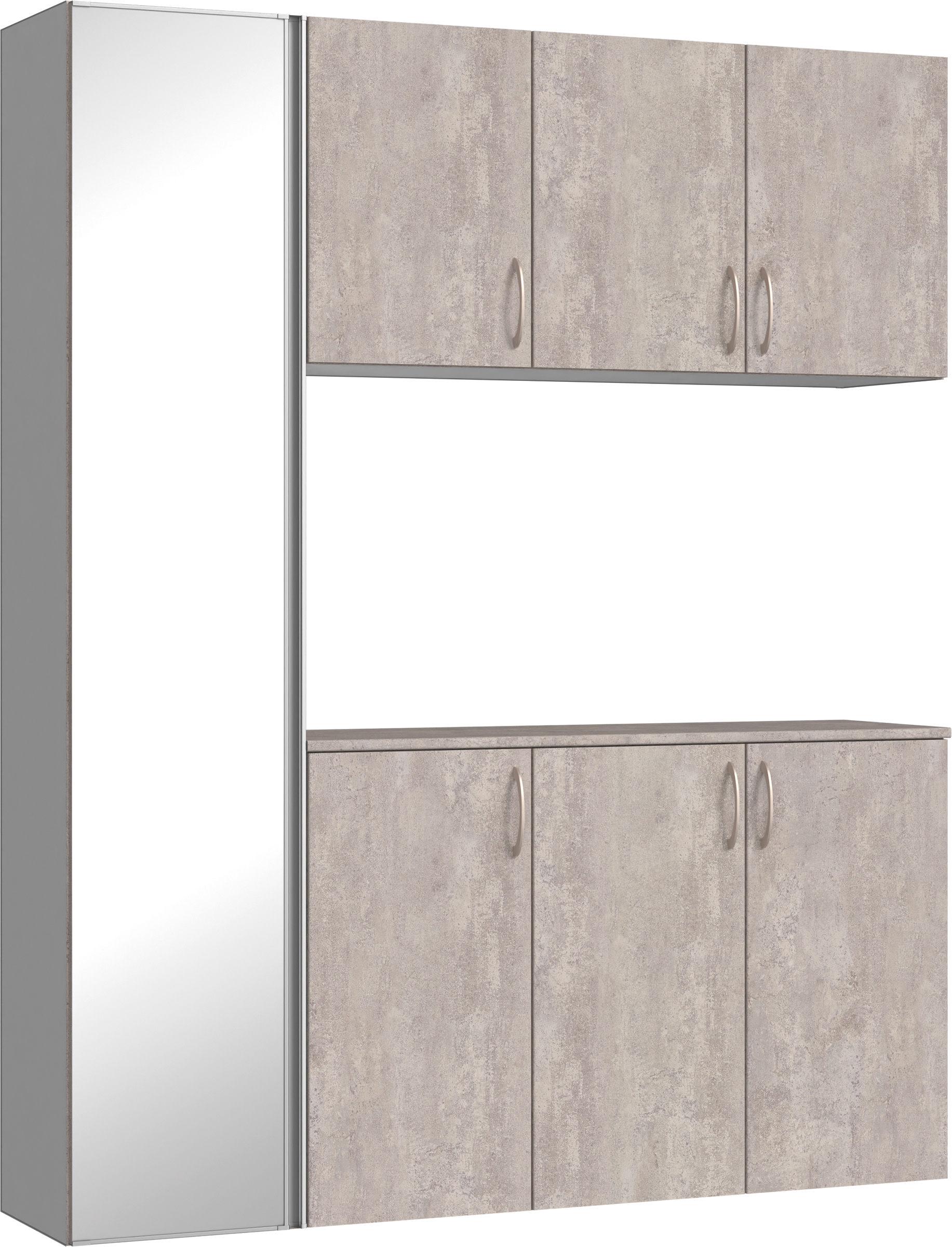 玄関収納　イエリア　開き戸ユニット　フラット　Ｓ８１　コの字ＰＬＡＮ　シューズ収納　ミラー扉　１６００幅　〈コンクリートグレー柄〉　ハンドルラウンド型〈Ｔシルバー色〉